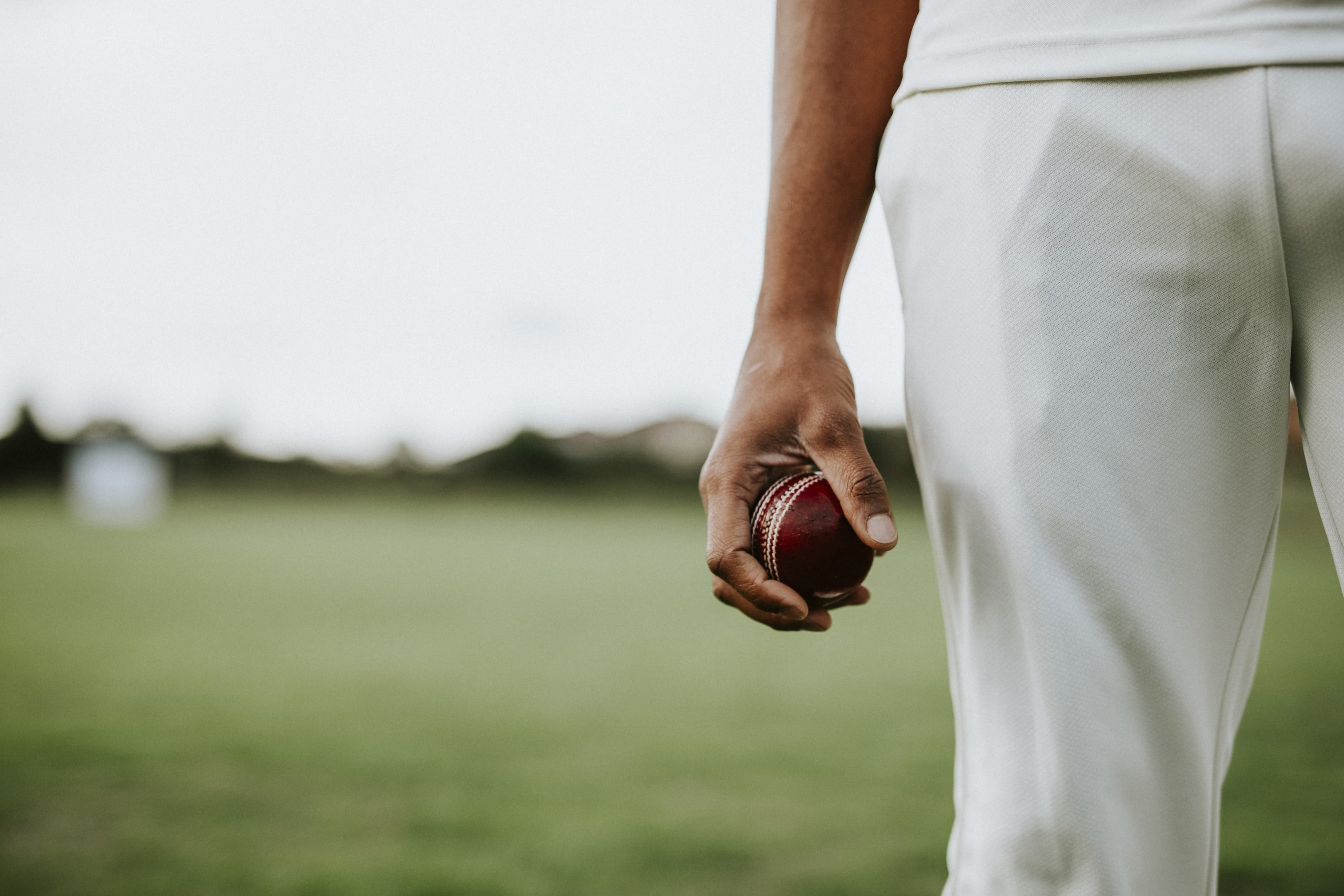 A cricket player holding a ball